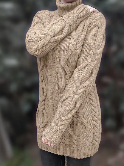 Narda - Klobig Kabel Gestrickt Rollkragen Kleid