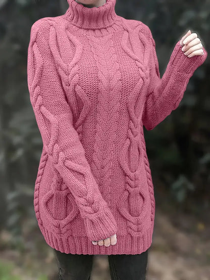 Narda - Klobig Kabel Gestrickt Rollkragen Kleid